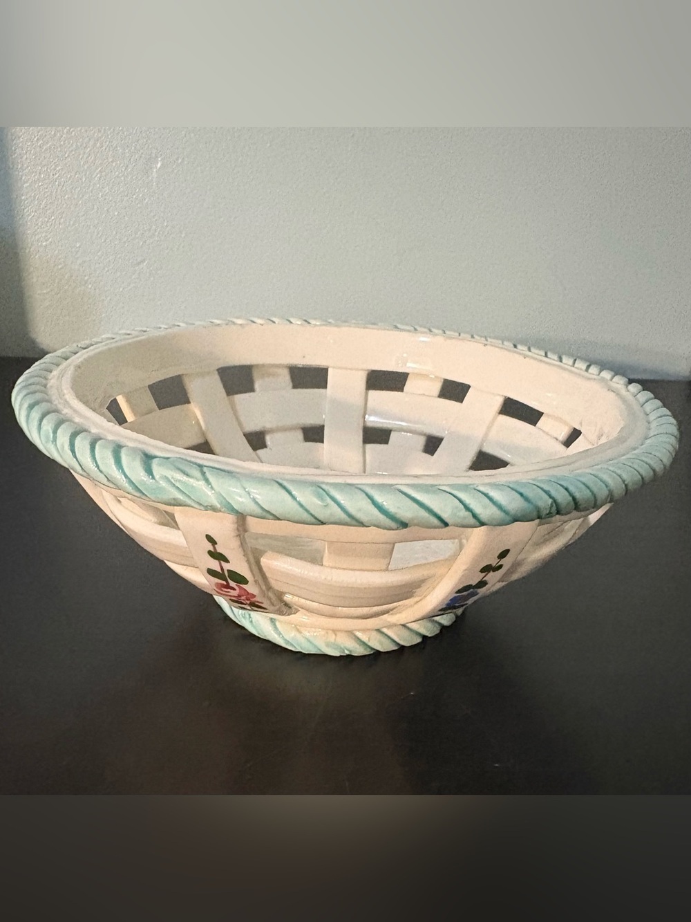 Vintage hand painted Ceramic Woven Bowl Cottage core floral Japan
